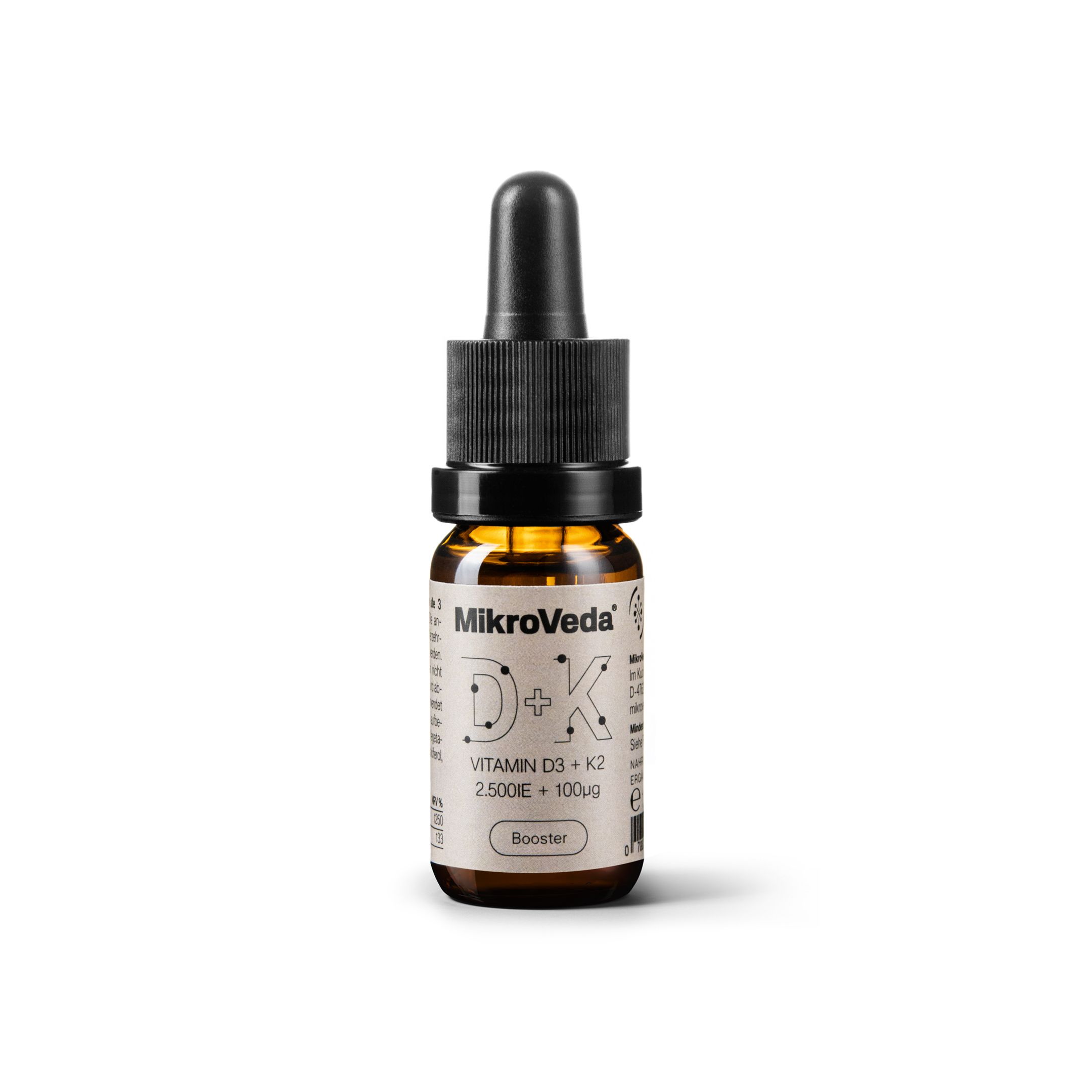MikroVeda D+K Vitamin D3+K2 Booster in brauner Glasflasche mit Pipette.