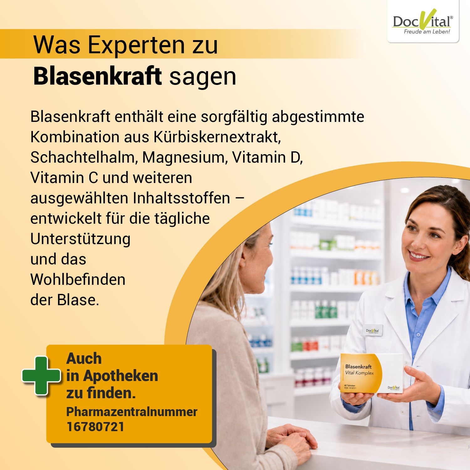 Apothekerin präsentiert DocVital® Blasenkraft Komplex, Hinweis auf Verfügbarkeit in Apotheken.
