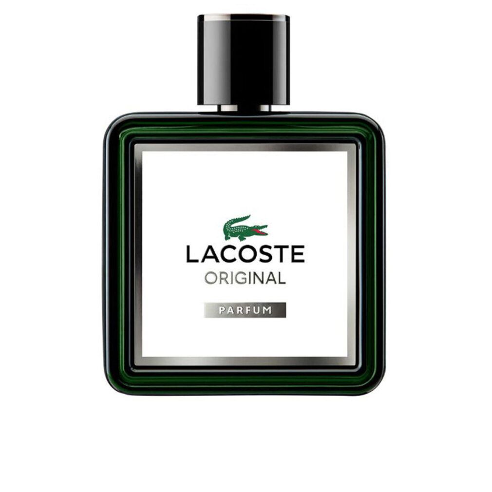 Zwei LACOSTE Original Parfum Flakons, einer in der Hand gehalten.