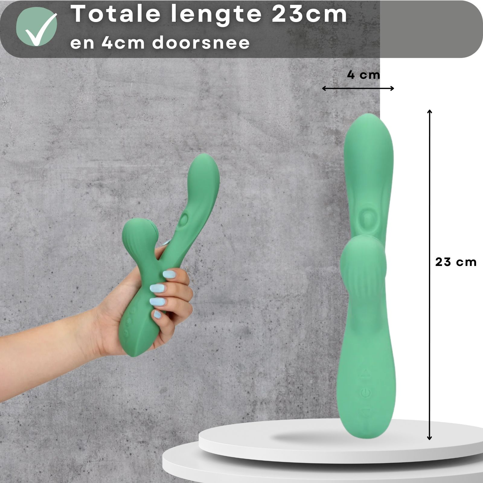 Groene vibrator, naast afmetingen: 23cm lang, 4cm diameter.