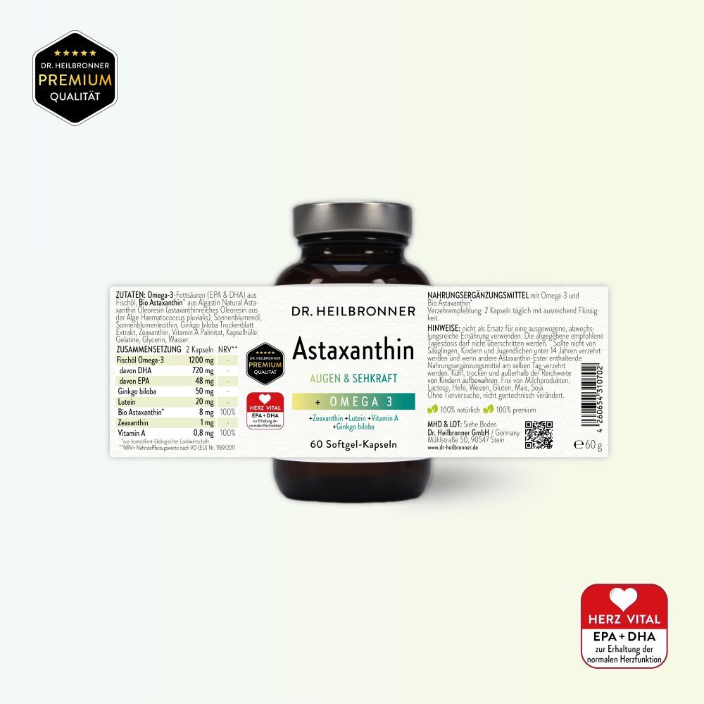 Braune Flasche mit Astaxanthin-Kapseln. Aufschrift: Astaxanthin AUGEN & SEHKRAFT + Omega 3. 60 Softgel-Kapseln. Herz Vital Logo.