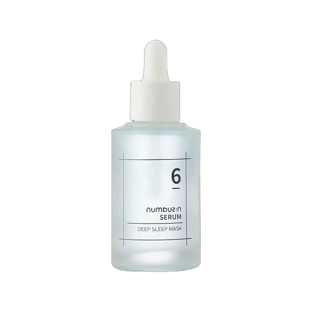 Blaues Serumfläschchen mit weißem Deckel und Pipette. Aufschrift: 6, numbuz:n SERUM DEEP SLEEP MASK.