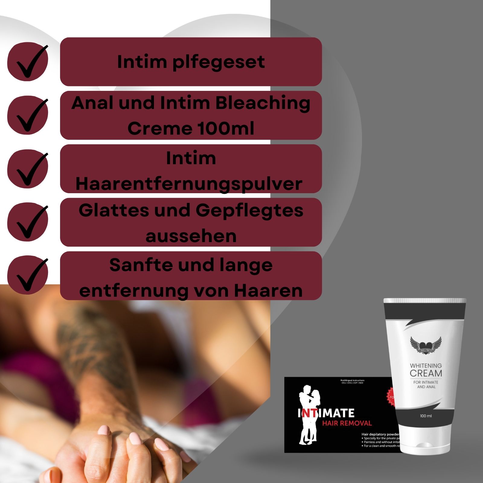 Intim Pflege Set. Creme und Pulver. Text: Intim, Anal Bleaching, Haarentfernung. Verpackung.