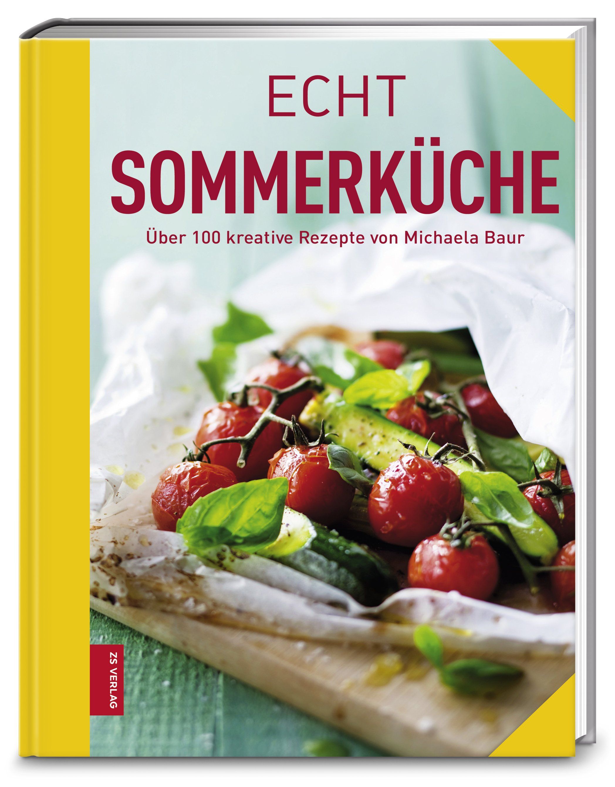 Buch mit dem Titel "Echt Sommerküche". Auf dem Cover sind Tomaten, Basilikum und Gurken abgebildet. Gelber Buchrücken.