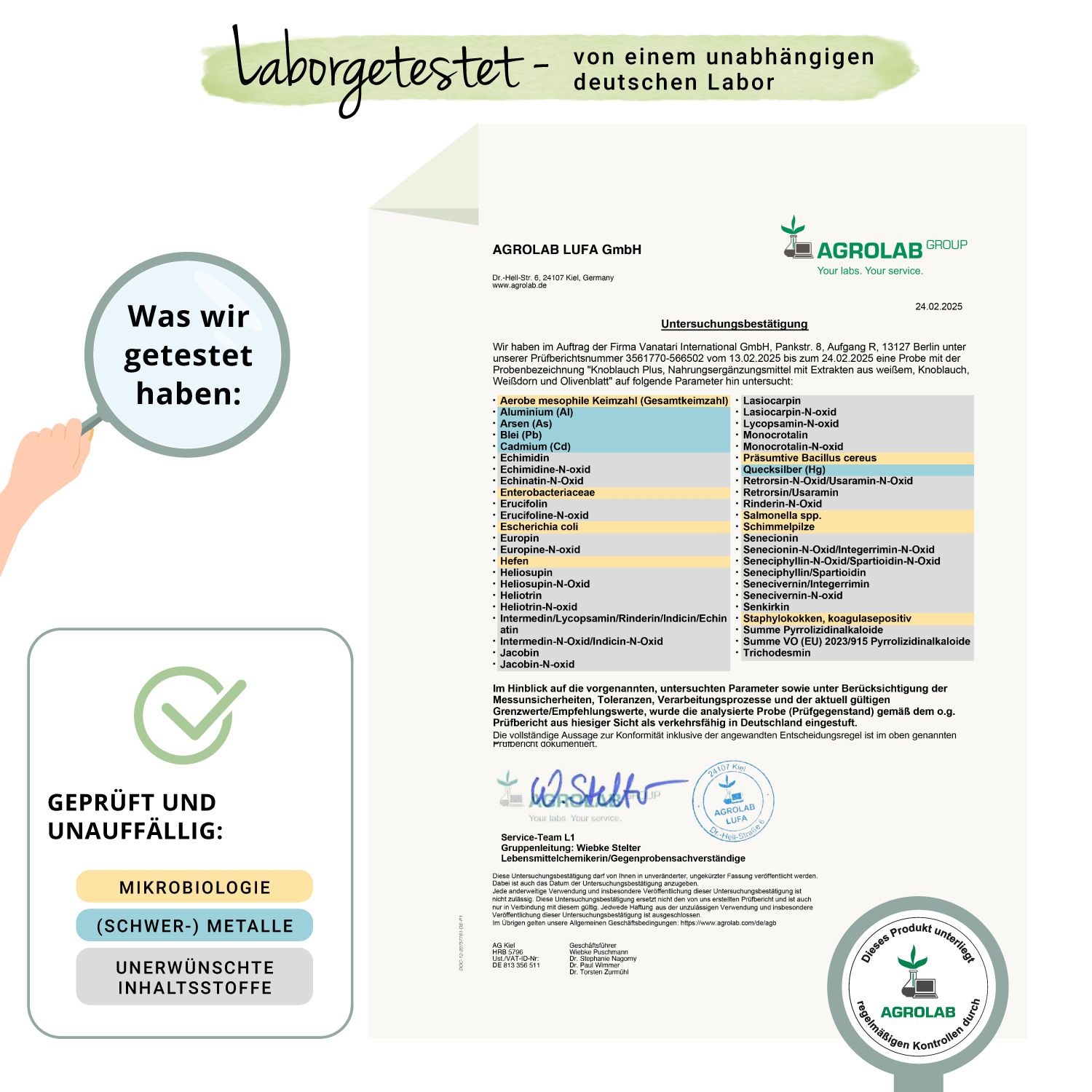 Laborzertifikat. Geprüft und unauffällig: Mikrobiologie, Schwermetalle, Unerwünschte Inhaltsstoffe. Agrolab Siegel.