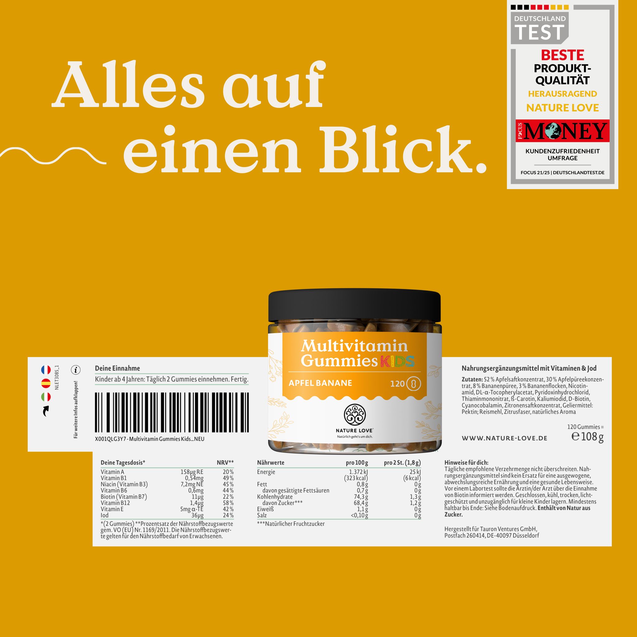 Glas mit Nature Love Multivitamin Gummies Kids Apfel Banane, 120 Stück. "Alles auf einen Blick".
