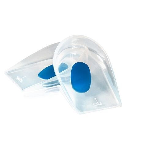 Zwei transparente Fersenkissen mit blauem Einsatz. Aufschrift "i links".