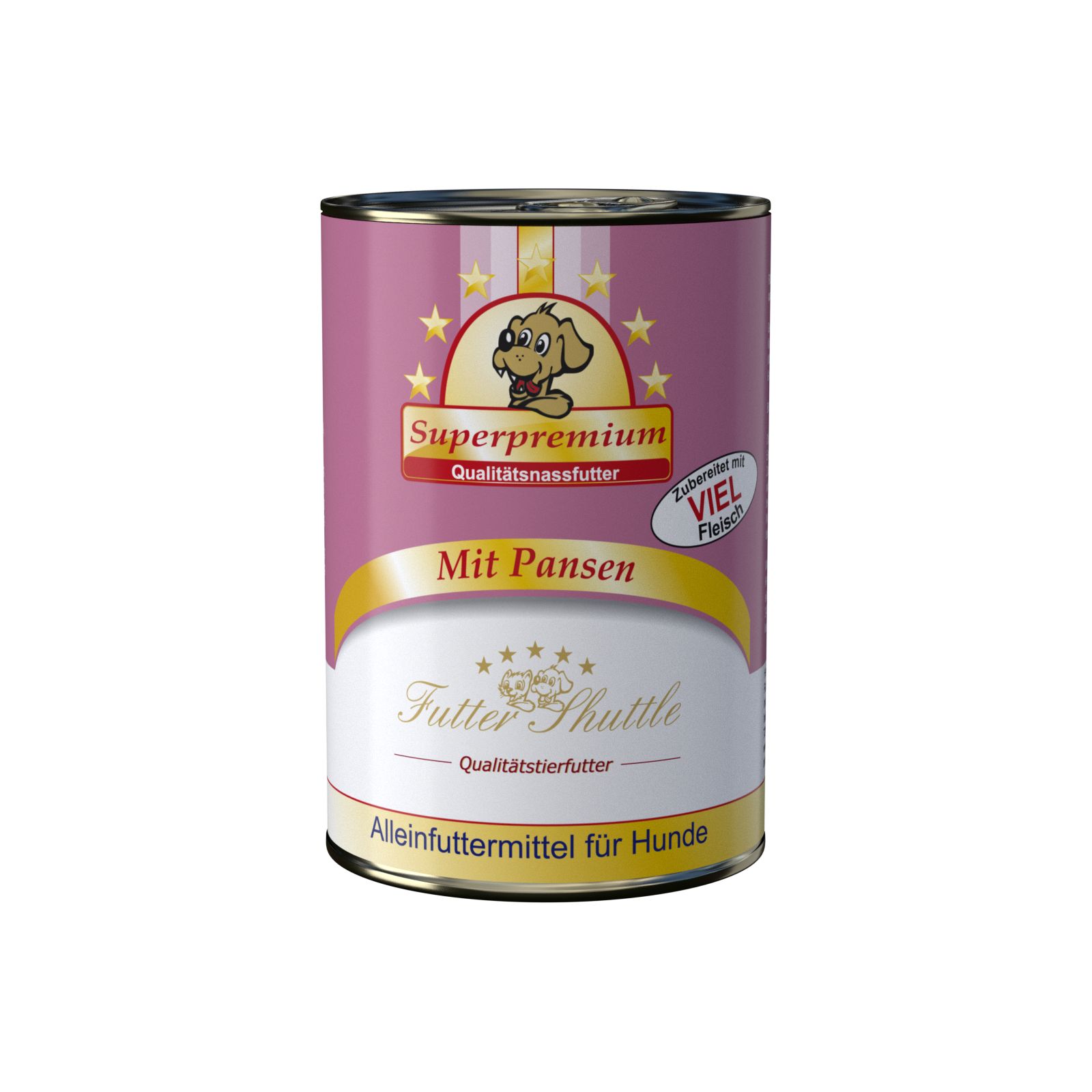 Hundefutter-Dose, rosa mit gelben Akzenten. Aufschrift: Superpremium, Mit Pansen, Futter Shuttle. Alleinfuttermittel für Hunde.