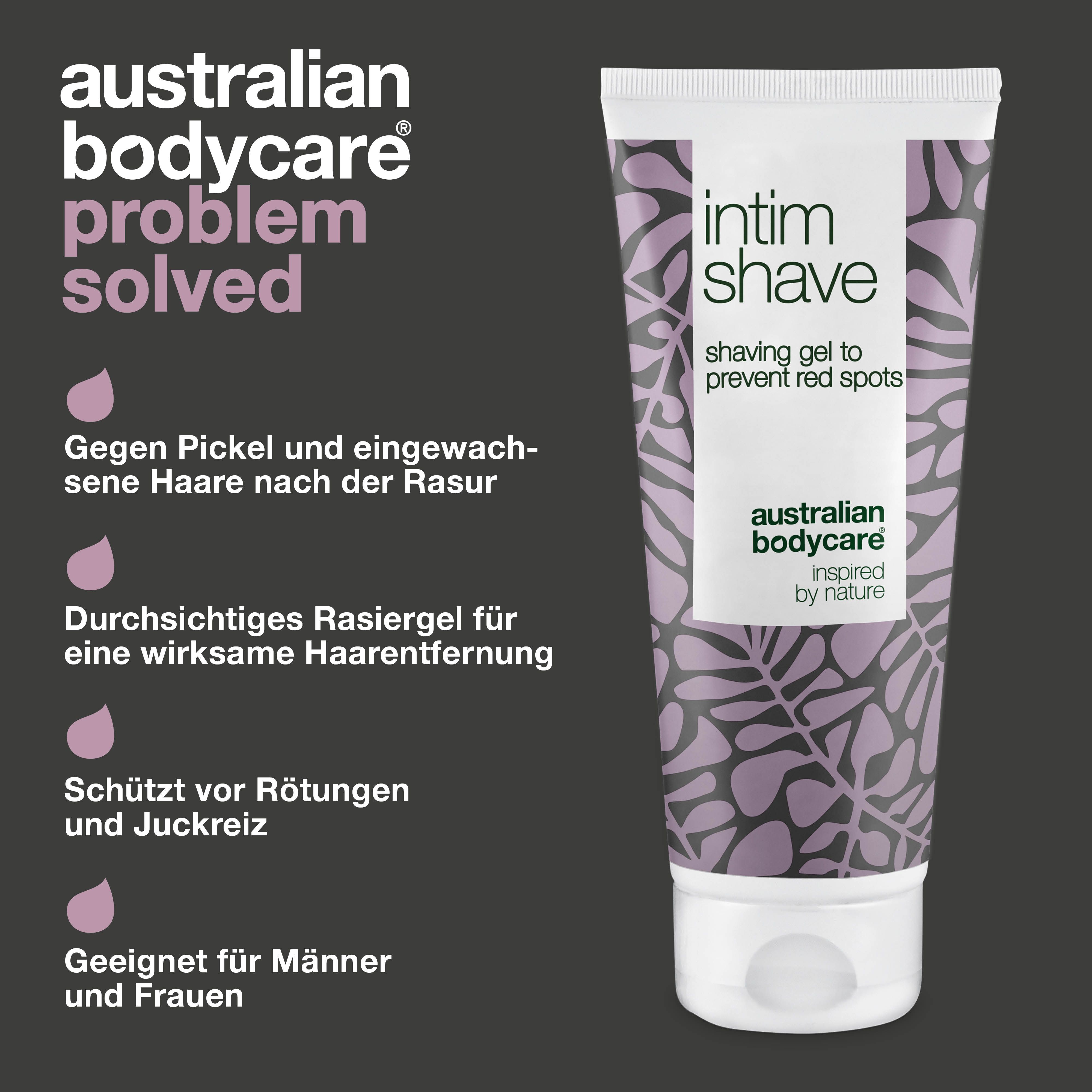 Intim Shave Rasiergel, Text: Australian Bodycare, gegen Pickel und eingewachsene Haare. Pinke Tropfen.