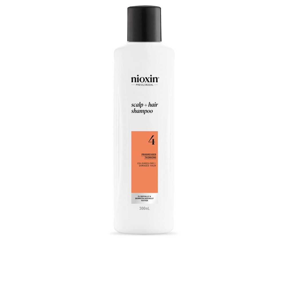 Weiße Shampoo-Flasche mit schwarzem Deckel. Orangefarbenes Etikett mit der Nummer 4. Text: Fortschreitendes Ausdünnen.