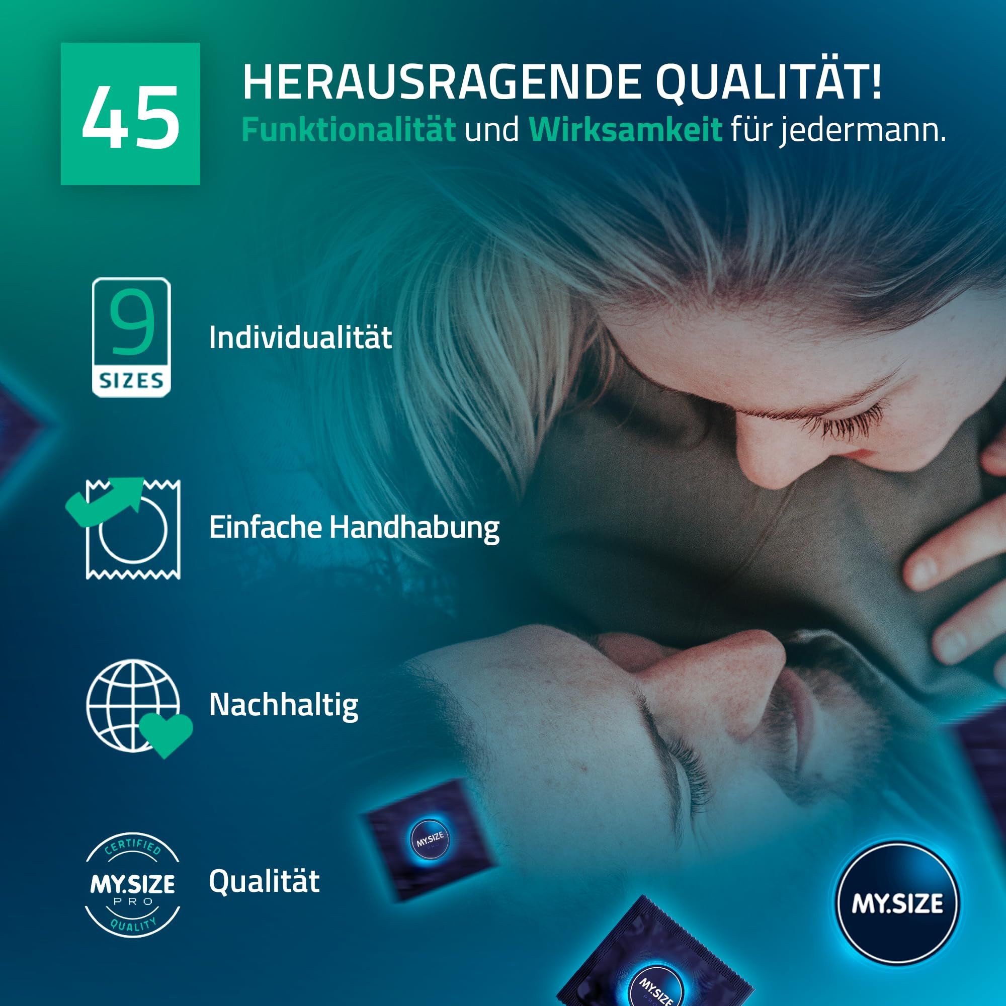 MY.SIZE Pro Kondom-Sets. Zeigt 3x3 und 3x10 Kondom-Sets in verschiedenen Größen.