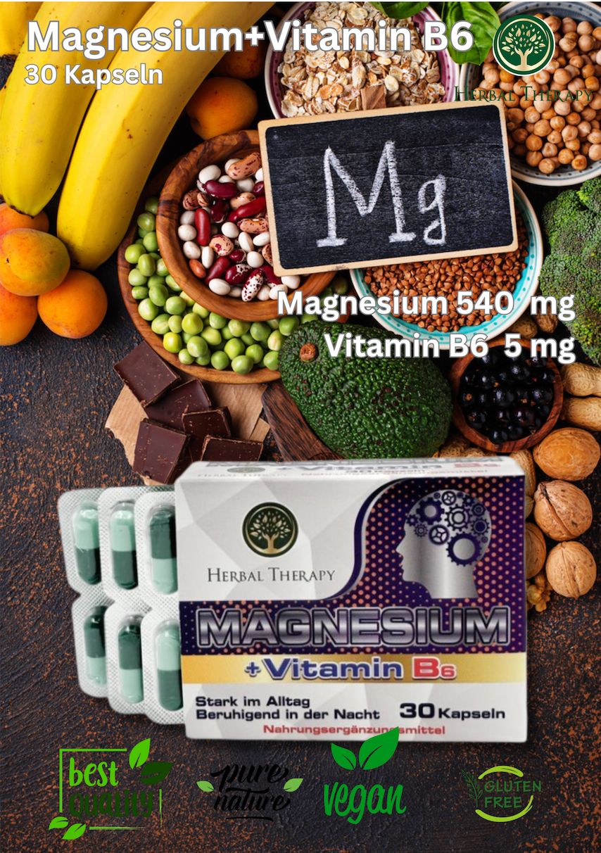 Produktpräsentation mit Kapseln, Verpackung und Text. "Herbal Therapy Magnesium + Vitamin B6". 30 Kapseln. Gemüse und Früchte im Hintergrund.