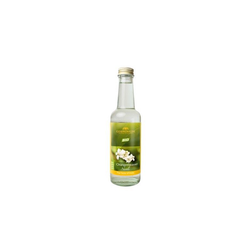 Glasflasche mit Flüssigkeit und Etikett. Aufschrift: BIO Orangenblütenwasser. Grünes BIO-Siegel. Goldfarbener Verschluss.