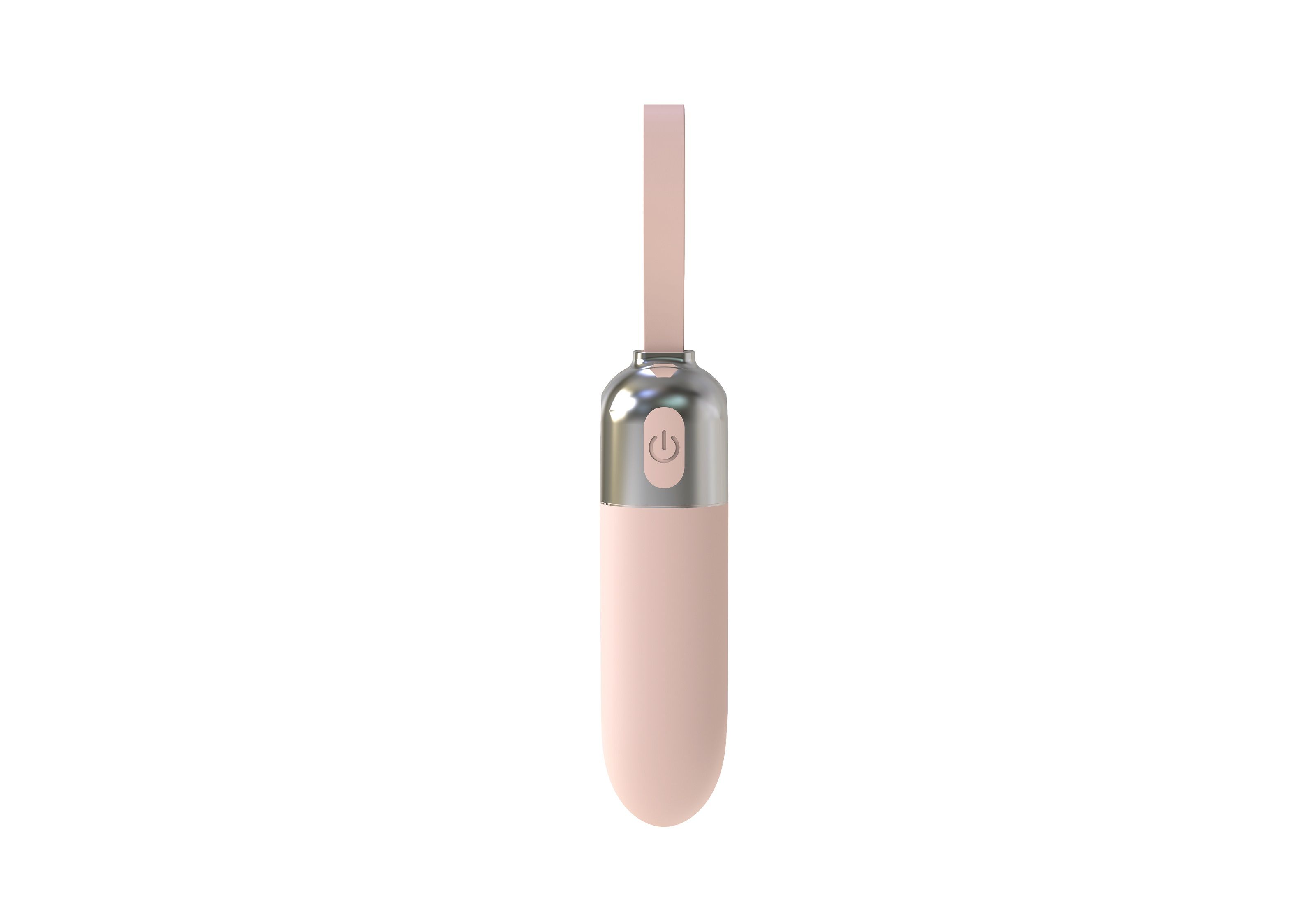 Rosa Vibrator mit Schlaufe. Silberfarbener Kopf mit Power-Taste. Glatte, ovale Form.