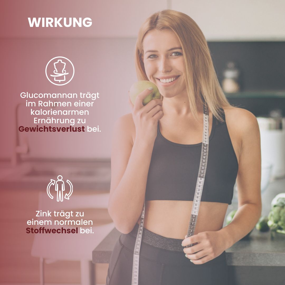 Frau mit Apfel und Maßband. Text: Glucomannan trägt zu Gewichtsverlust bei. Zink trägt zu normalem Stoffwechsel bei.