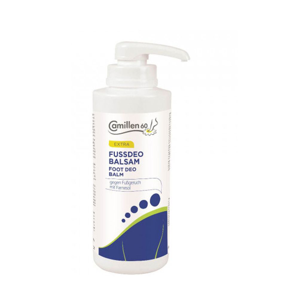 Weiße Flasche mit Pumpverschluss. Aufschrift: Fussdeo Balsam, Foot Deo Balm. Blaue und grüne Designelemente.