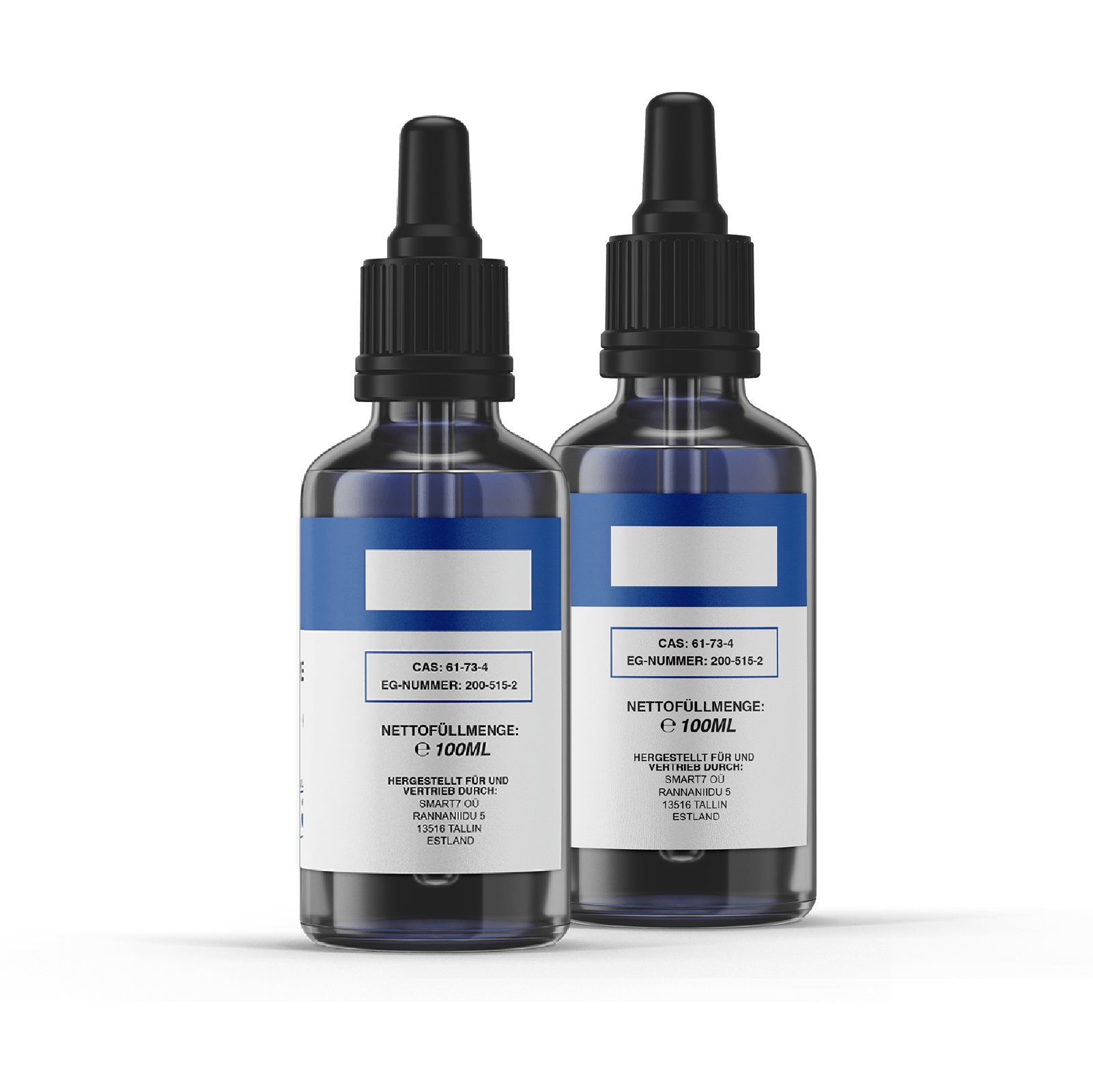 Zwei Flaschen mit blauer Flüssigkeit. Aufschrift: Nettomenge 100ml. Tropfflaschen mit schwarzem Verschluss.