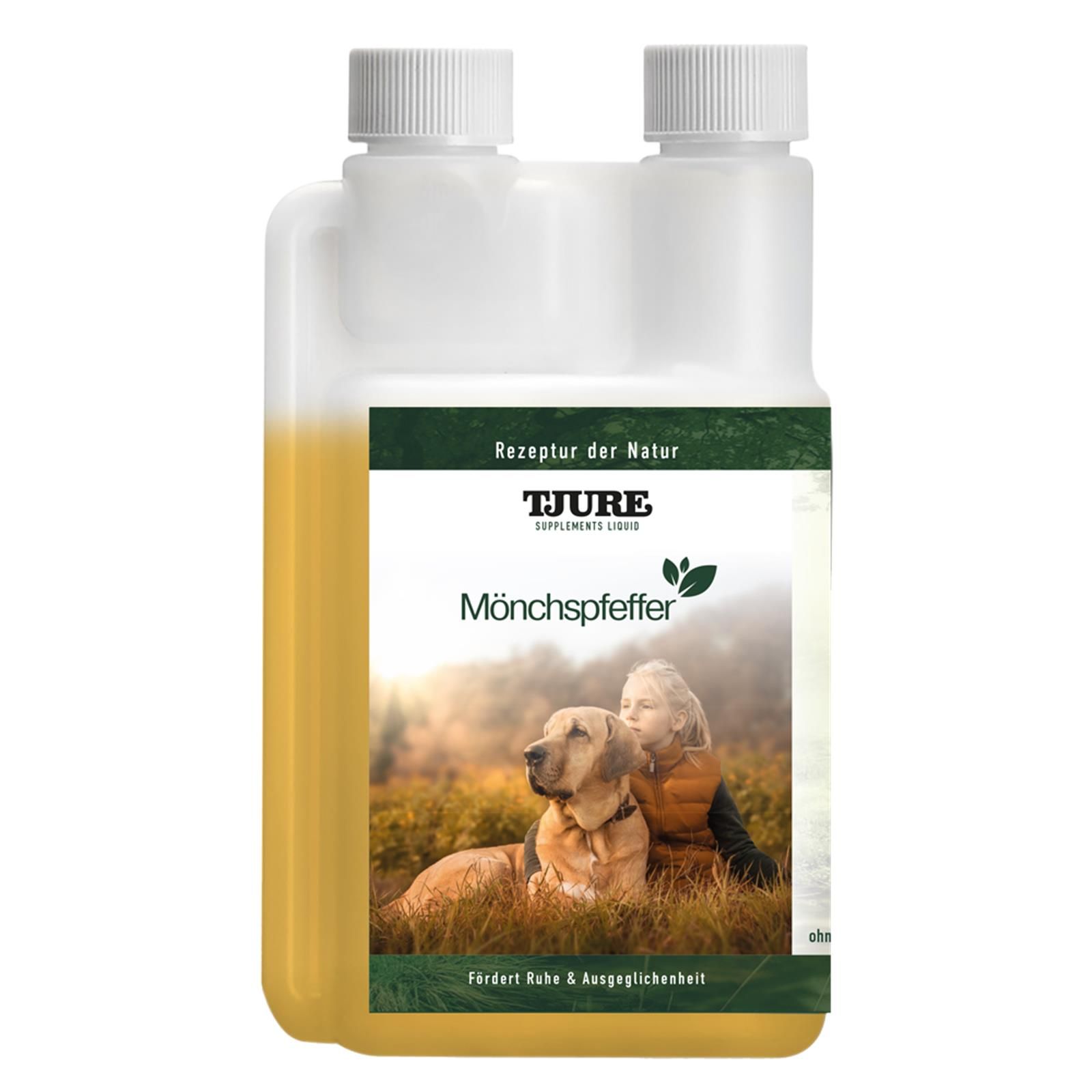 Doppelpack-Flasche mit gelber Flüssigkeit. Etikett mit Produktname, Logo und Abbildung von Hund und Kind. Text: Fördert Ruhe & Ausgeglichenheit.
