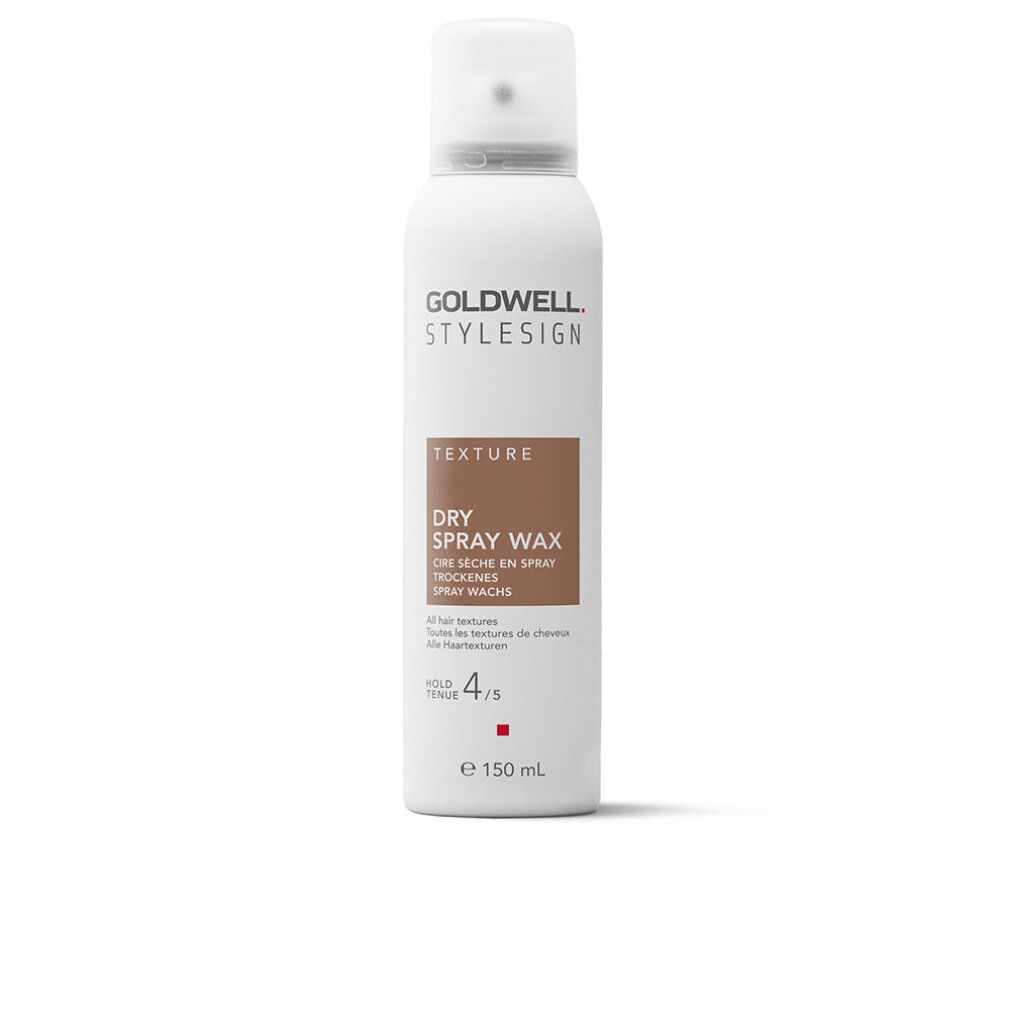 Goldwell Stylesign Texture Trockenes Spray-Wachs. Weiße Sprühflasche mit braunem Etikett. Text und Hold-Bewertung 4/5. 150 ml.