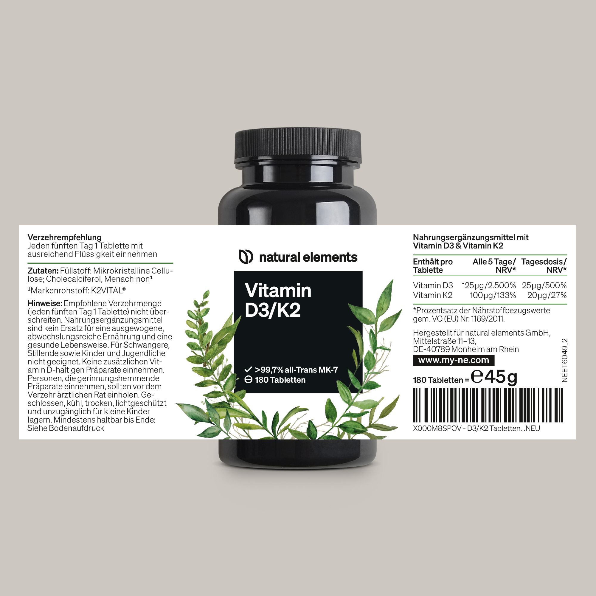 natural elements Vitamin D3/K2 Depot – K2VITAL® – 99,7+% All-Trans K2-MK7 + 5000 IE Vitamin D3