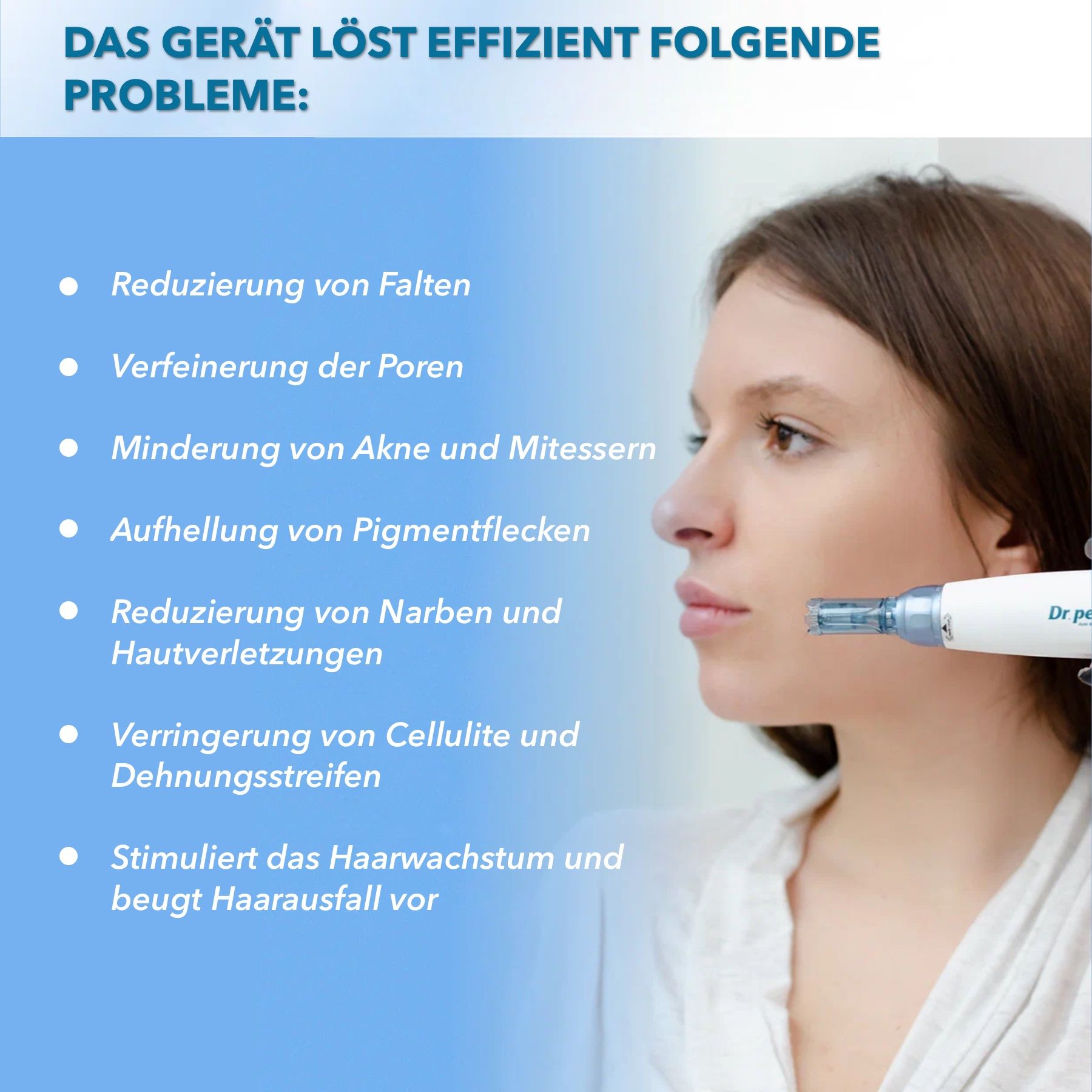 Frau mit Dermapen-Behandlung. Text: Das Gerät löst Falten, verfeinert Poren, mindert Akne, reduziert Narben, stimuliert Haarwuchs.