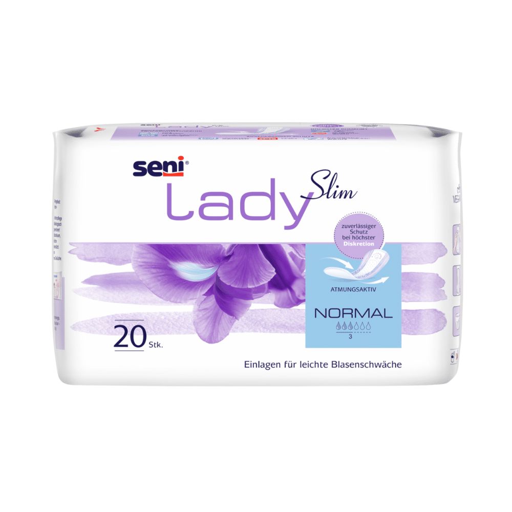 Verpackung Seni Lady Slim Normal. 20 Stück. Aufdruck: Lady Slim, Normal, atmungsaktiv. Für leichte Blasenschwäche.