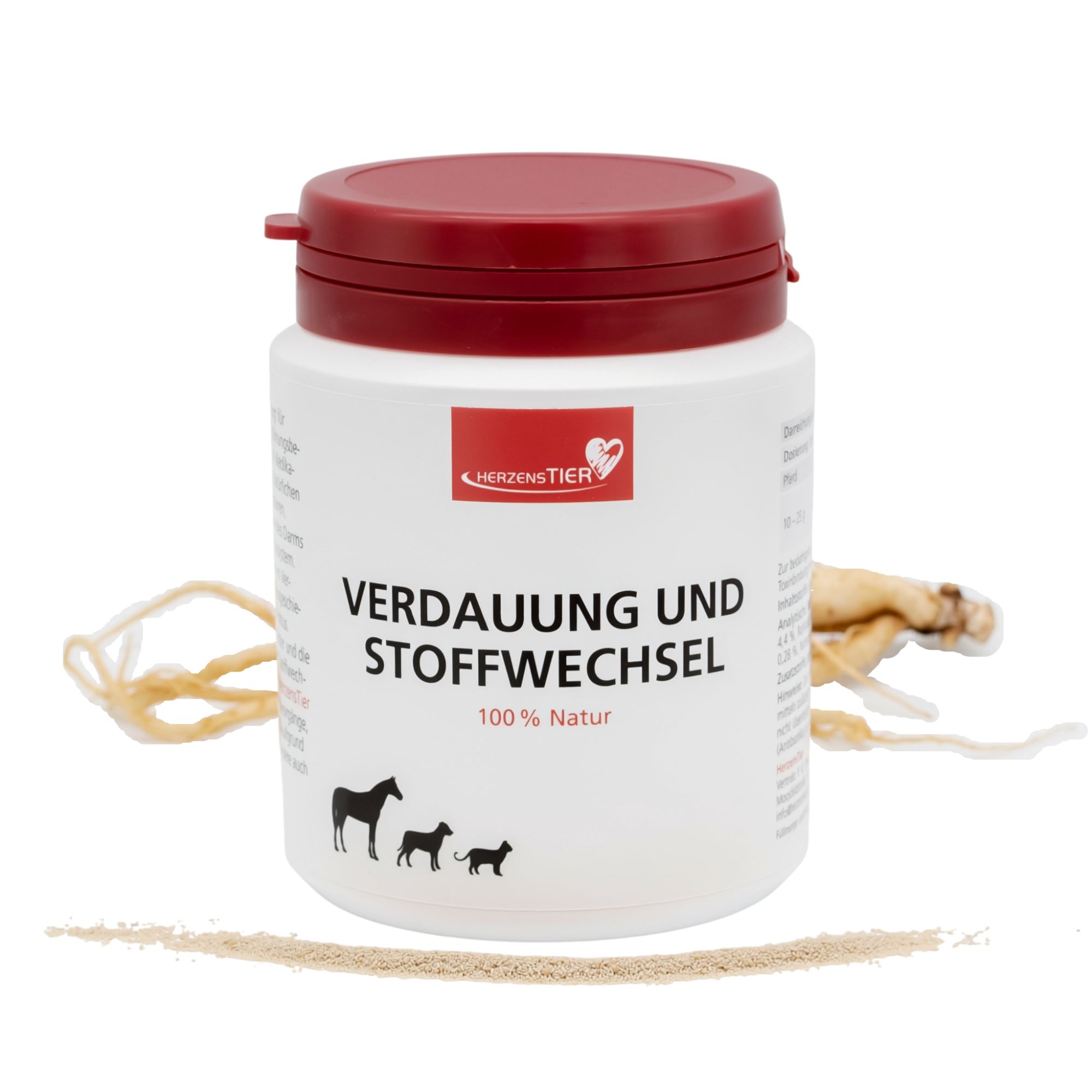 Weißes Behältnis mit rotem Deckel. Aufschrift: HerzensTier, Verdauung und Stoffwechsel, 100% Natur. Pferde-, Hunde- und Katzen-Silhouette.