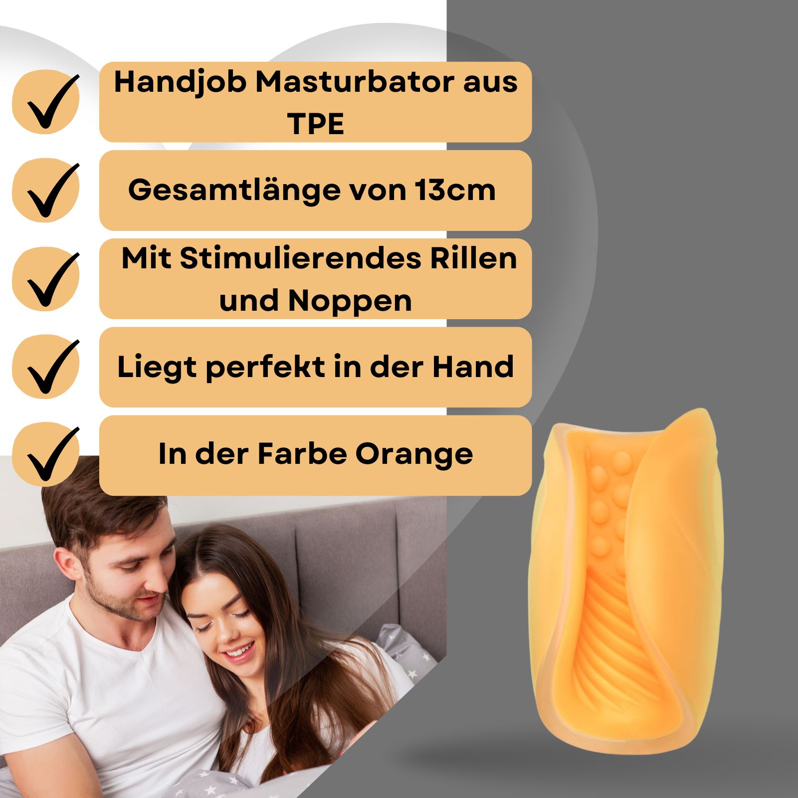 Masturbator aus TPE, 13cm lang, orange. Mit Rillen und Noppen. Paar im Bett.