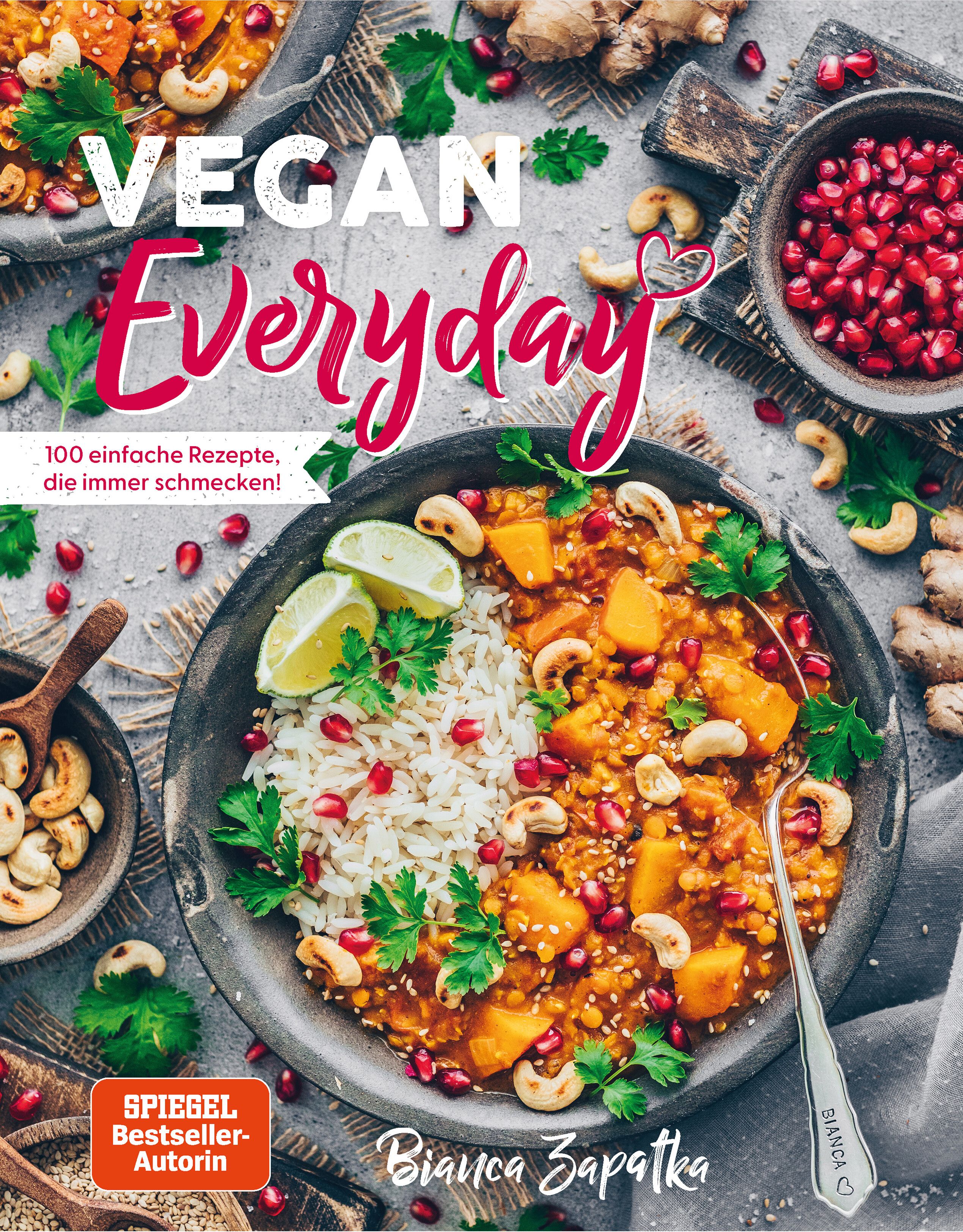 Kochbuch "Vegan Everyday" mit Rezepten. Auf dem Cover sind Speisen abgebildet. Autorin: Bianca Zapatka. Auszeichnung: Spiegel Bestseller.