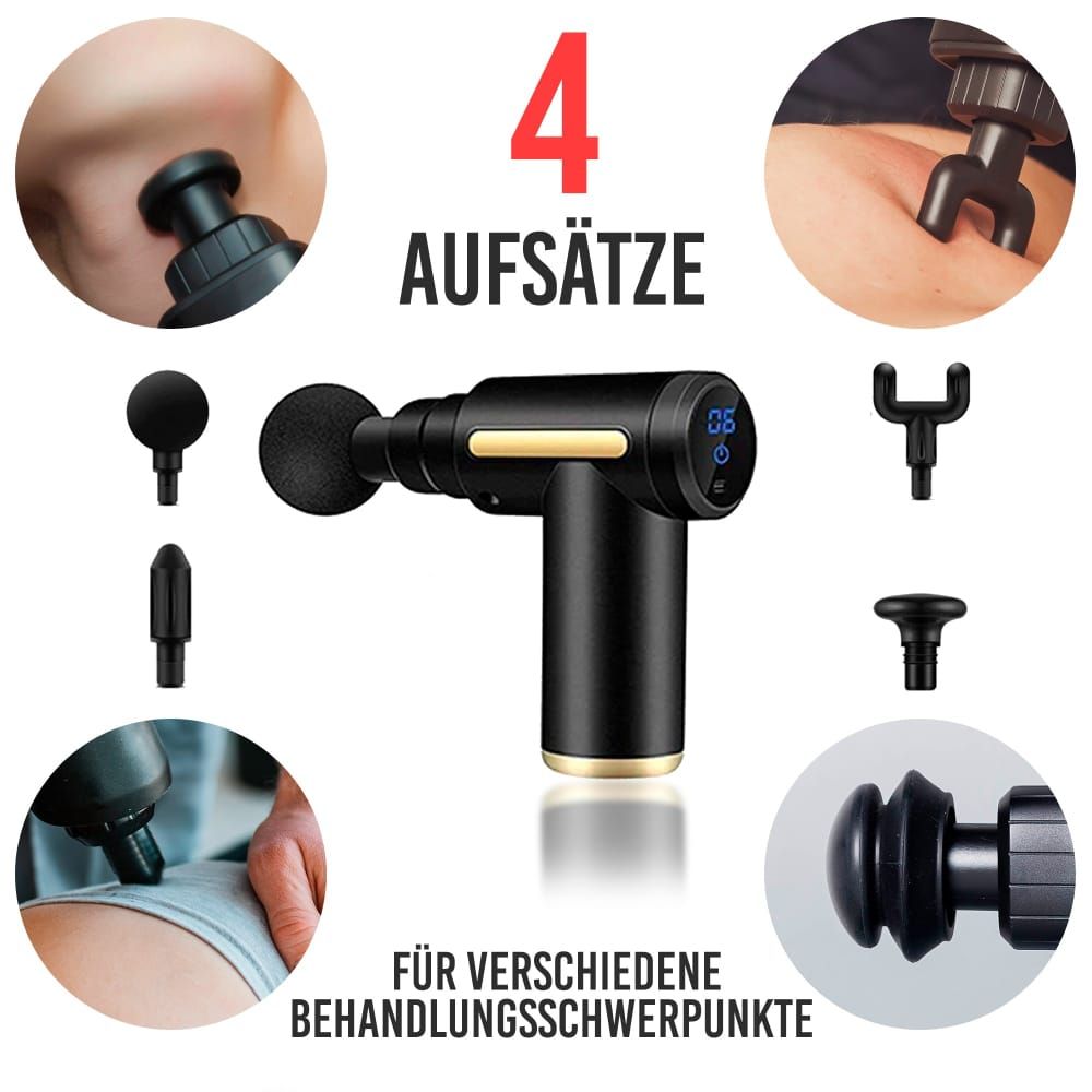 Mini-Massagepistole mit 4 Aufsätzen. Schwarzes Gerät mit Display. Aufsätze: Kugel, U-Form, Kegel, flach. Text: Für verschiedene Behandlungsschwerpunkte.
