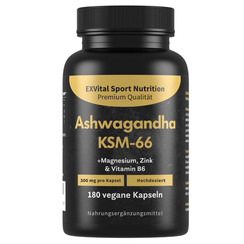 Schwarze Flasche mit gelbem Etikett. Ashwagandha KSM-66 Kapseln. 180 vegane Kapseln. 300 mg pro Kapsel. Nahrungsergänzungsmittel.