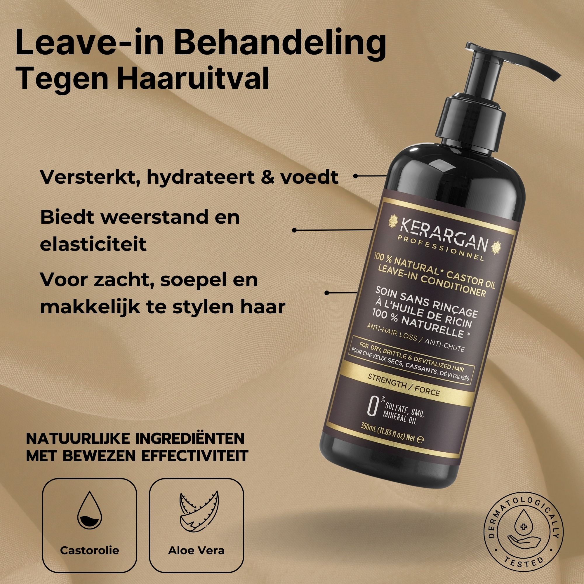Zwarte fles Kerargan Leave-in Conditioner. Tekst: 100% natuurlijke castorolie. Anti-haaruitval.