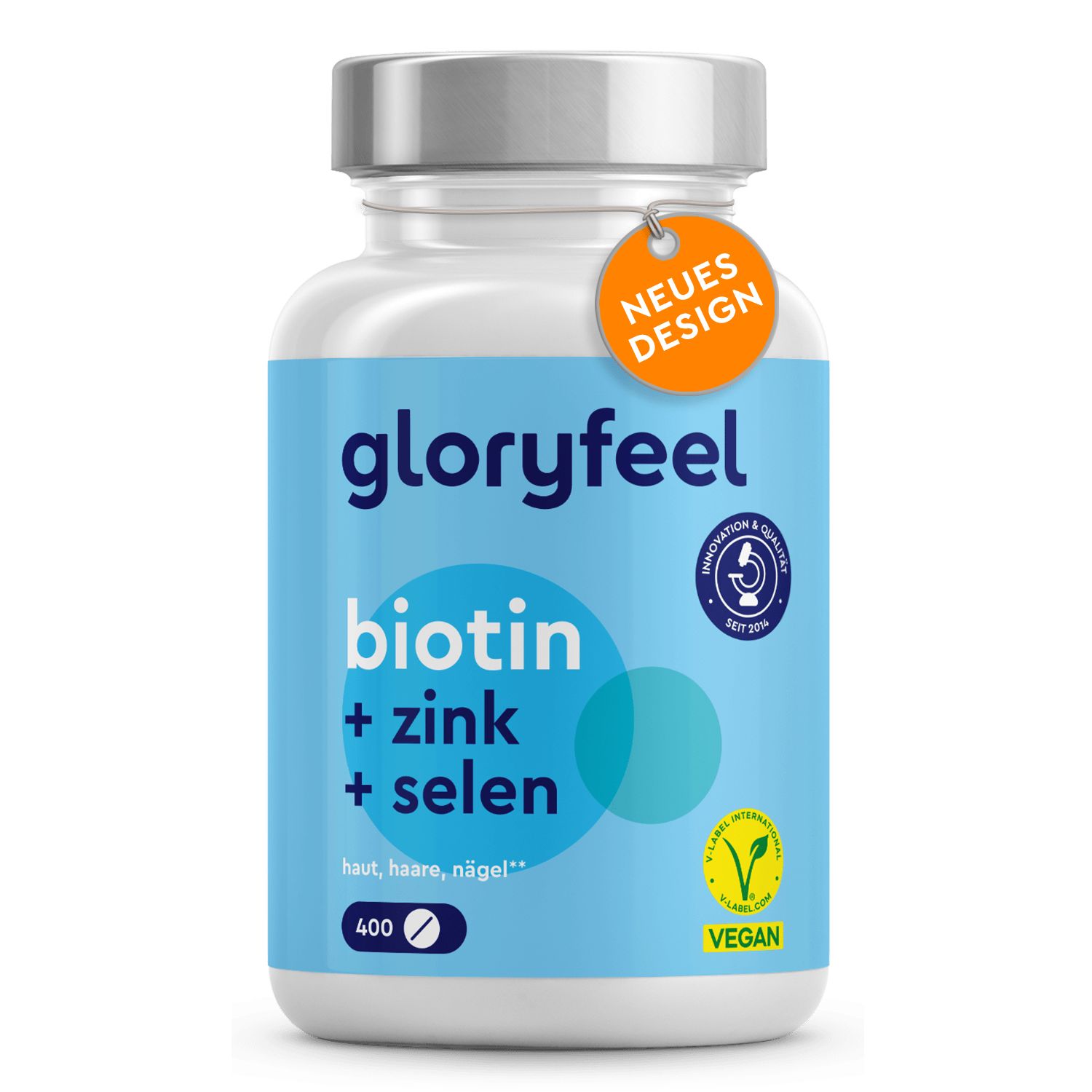 Weiße Flasche mit blauem Etikett. Aufschrift: Biotin + Zink + Selen. Vegan-Siegel. Orangefarbenes Anhängerschild: Neues Design.
