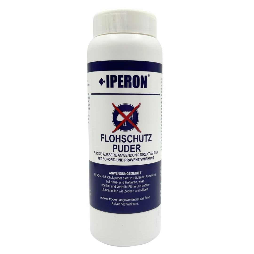 Flasche mit IPERON® Flohschutz Puder. Kennzeichnung mit rotem Kreuz und Käfer-Symbol.