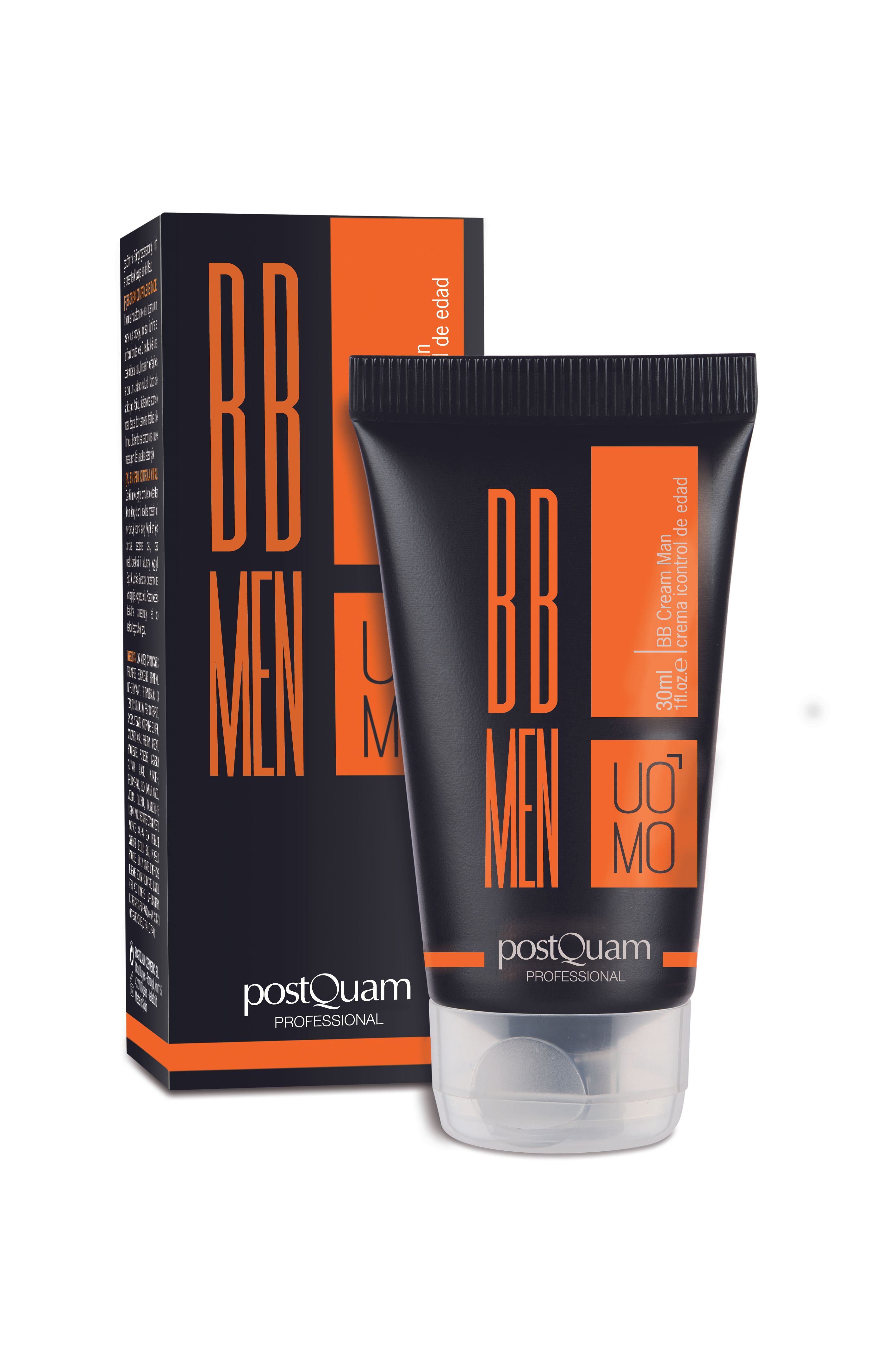 Schwarze Tube und Schachtel mit orangefarbenen Akzenten. Aufschrift BB MEN UOMO. Marke: postQuam PROFESSIONAL.