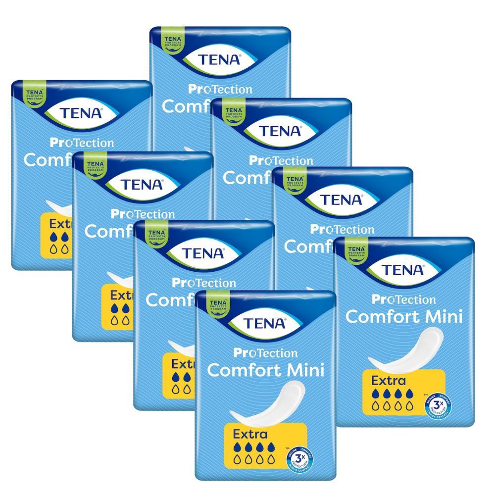 Mehrere Packungen TENA Comfort Mini Extra. Blaue Verpackung, weiße Einlagen-Illustration. Saugstärke-Indikator.