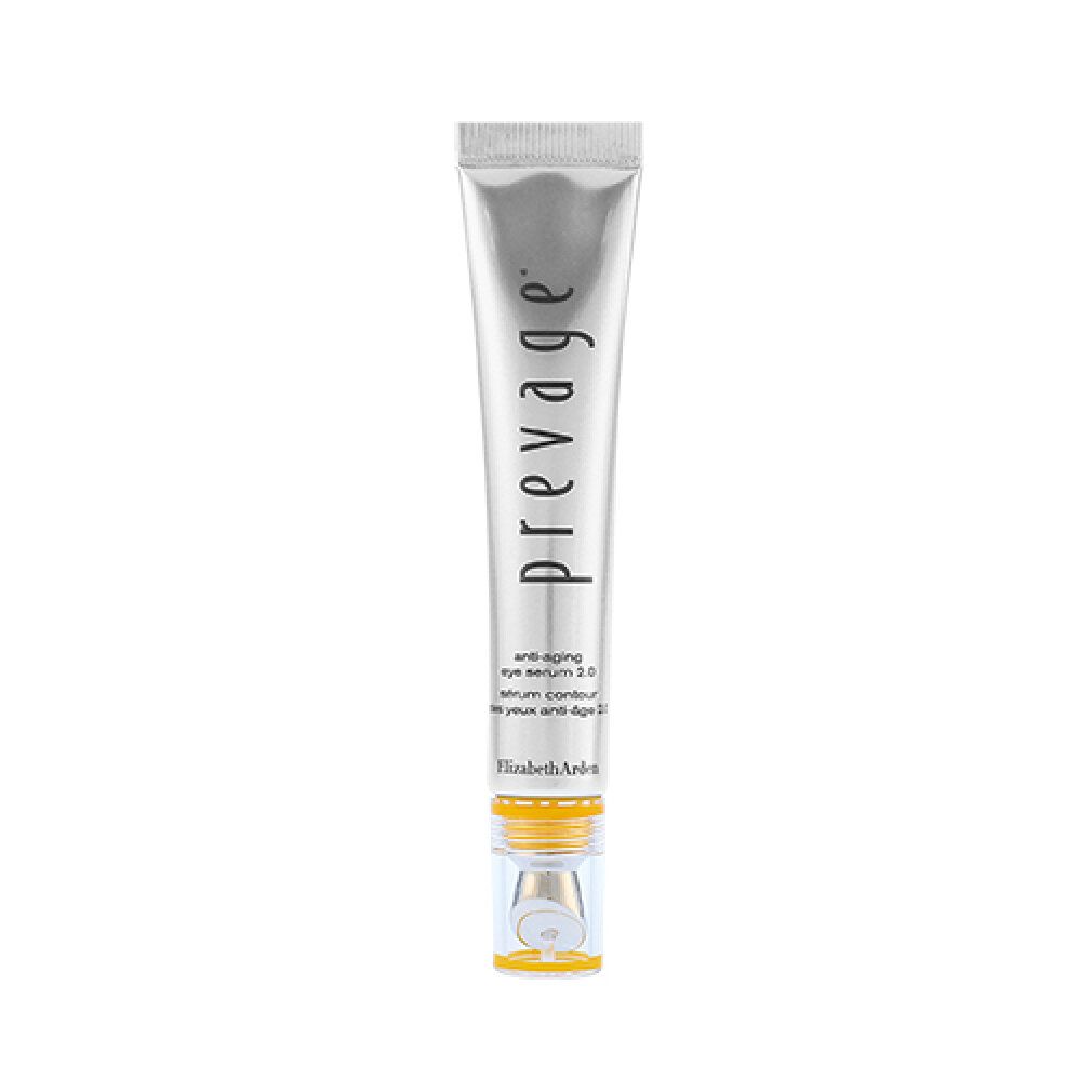 Silberne Tube mit Produkt. Aufschrift "prevage" und "anti-aging eye serum 2.0". Gelbe Applikatorspitze.