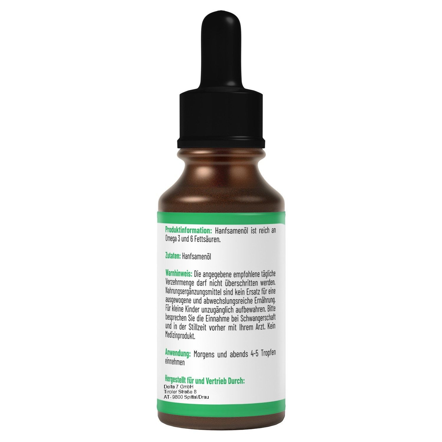 Rückseite der Flasche Keto Tropfen Burner. Text: Produktinformationen, Warnhinweise, Anwendung, Hersteller.