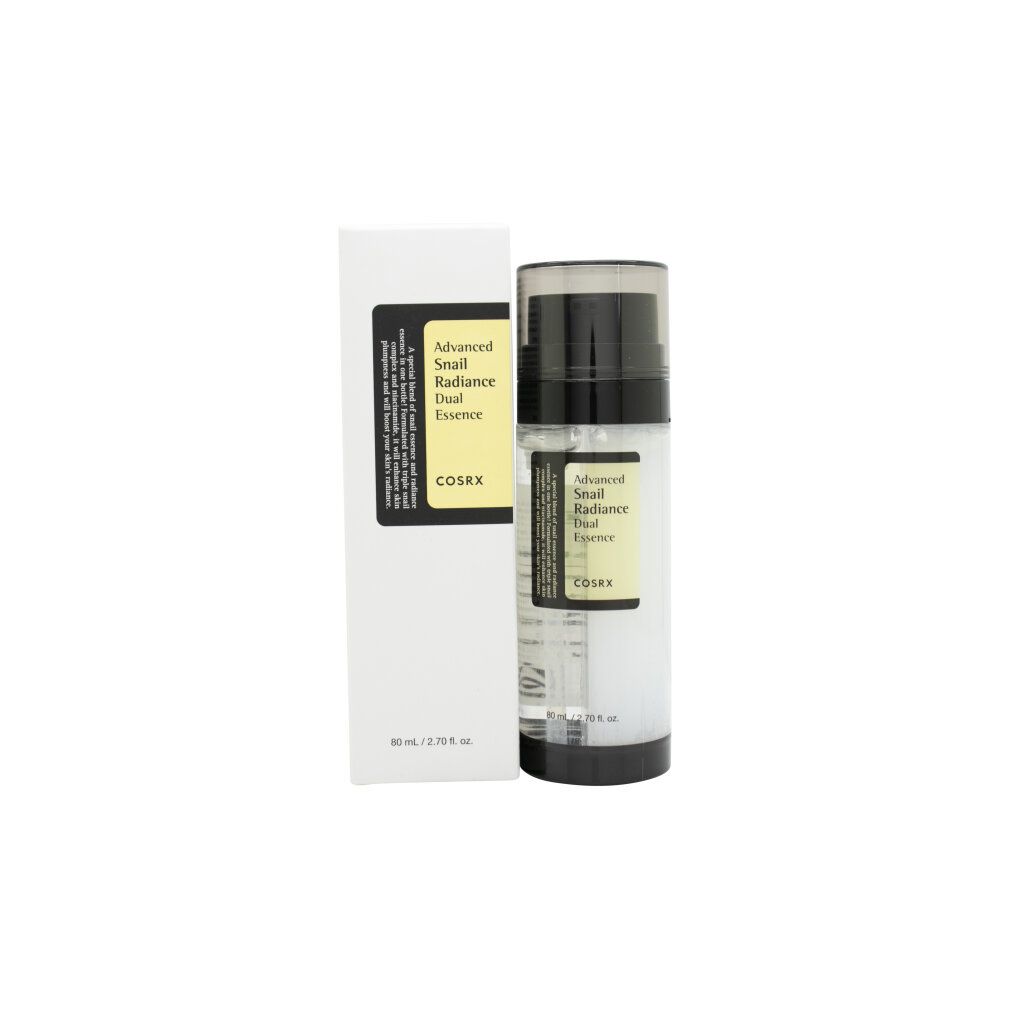 COSRX Advanced Snail Radiance Dual Essence Flasche und Kartonverpackung nebeneinander, Vorderansicht.