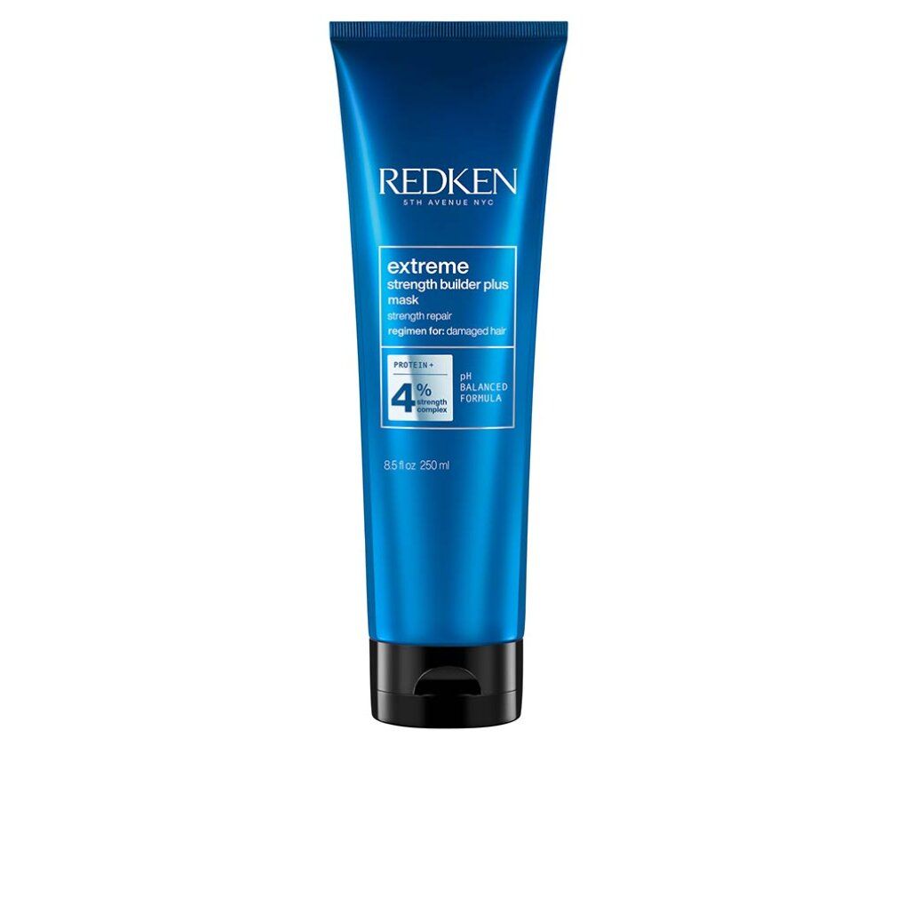 Blaue Tube Redken Extreme Strength Builder Plus. Text: Maske, Stärke-Reparatur-Pflege, für geschädigtes Haar. 4% Protein-Komplex.