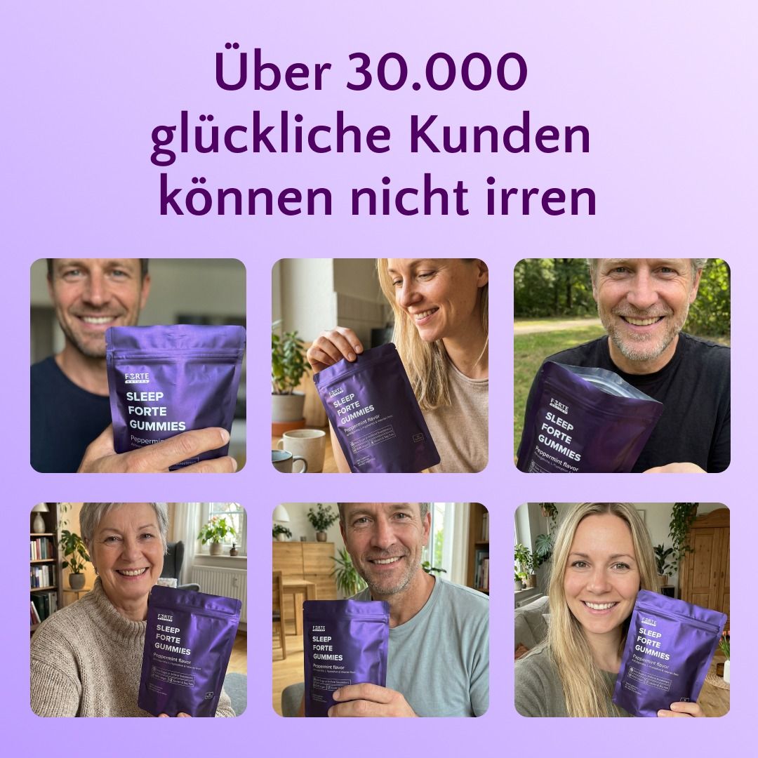 Collage von sechs lächelnden Kunden, die Forte Natura Schlaf Forte Gummies halten.