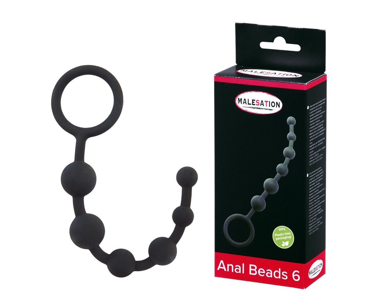 Dunkelgraue Analperlen mit Ringgriff, neben Verpackung. Verpackung mit Produktname und Bezeichnung "Anal Beads 6".