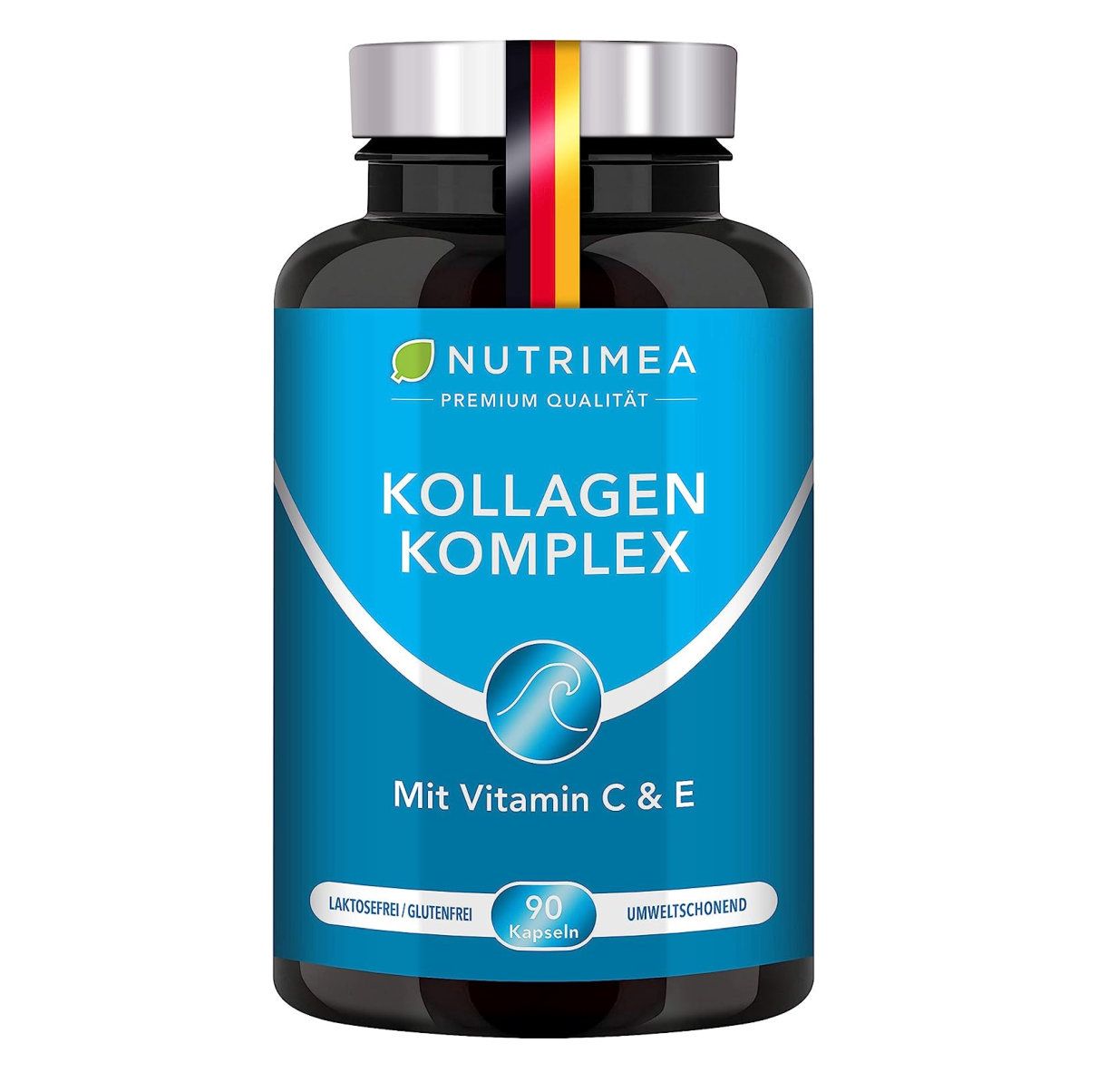 Braune Flasche mit blauem Etikett. Enthält Nutrimea Kollagen Komplex. Mit Vitamin C & E. 90 Kapseln. Deutsche Flagge.