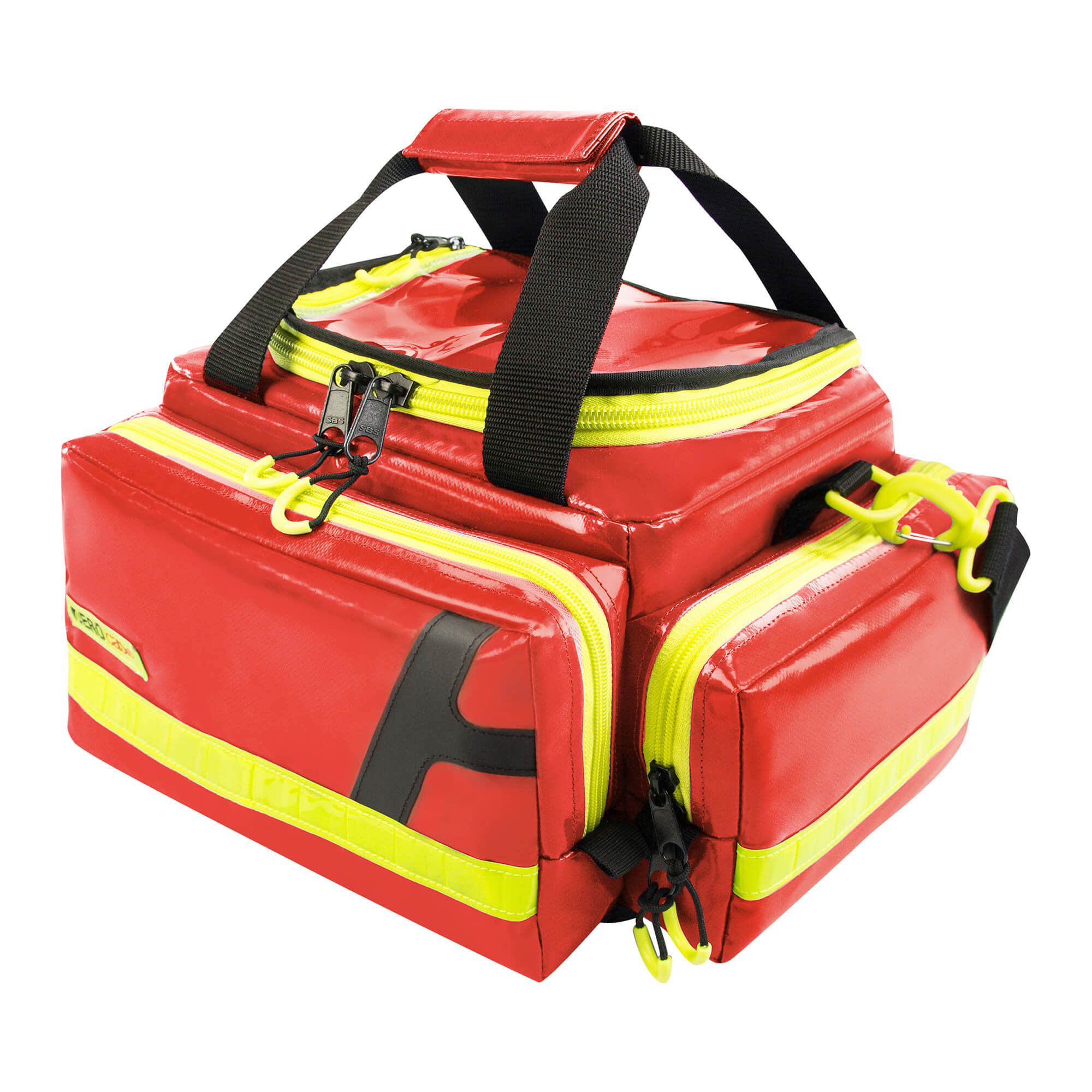 Rote Notfalltasche mit gelben Akzenten und Reflektoren. Schwarze Griffe und Reißverschlüsse. Logo: AEROcase.