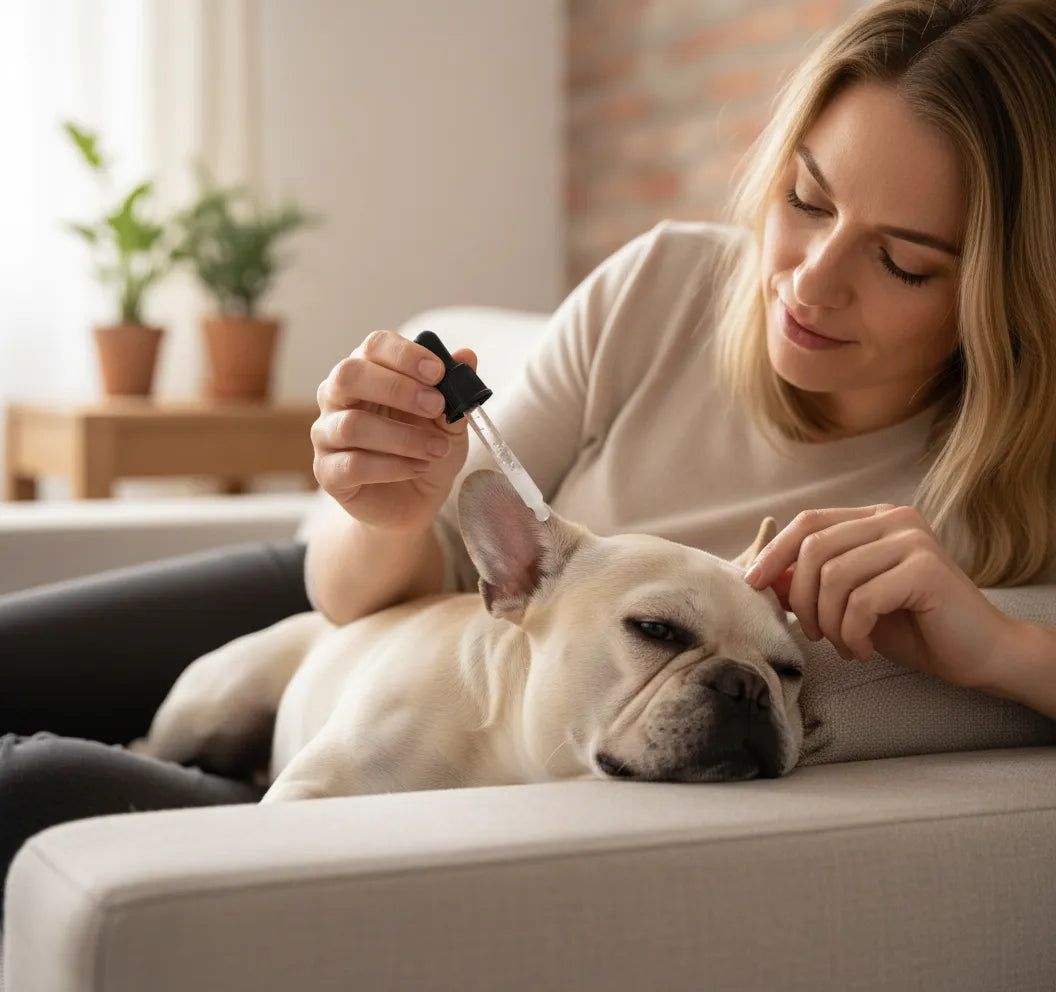 Frau sitzt auf Sofa und tropft Flüssigkeit in Hundeohr. Braune Flasche mit Tropfer.