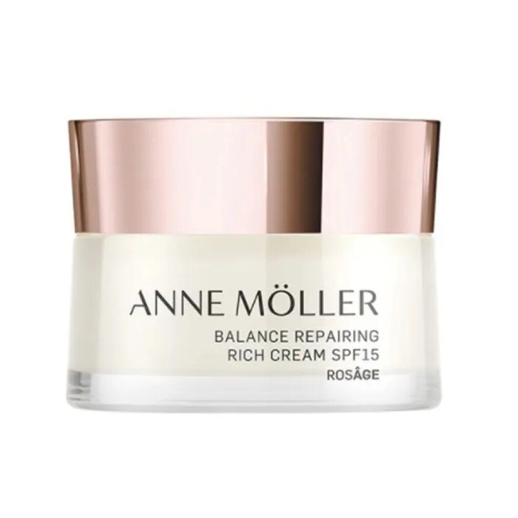 Creme-Glas mit roségoldfarbenem Deckel. Schriftzug: ANNE MÖLLER, BALANCE REPAIRING RICH CREAM SPF15, ROSÁGE.