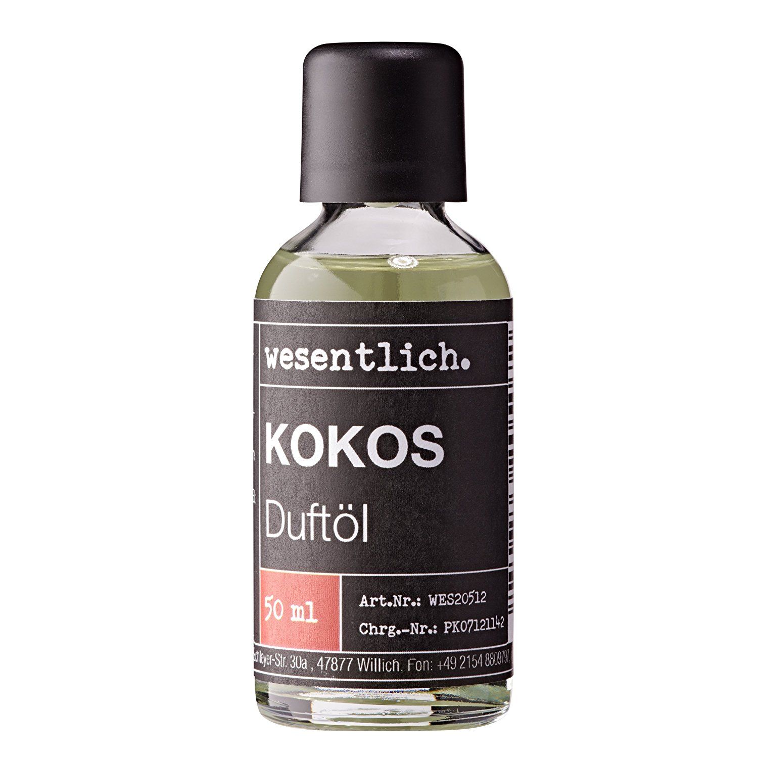 Kleine Glasflasche mit schwarzem Deckel. Etikett mit "wesentlich.", "KOKOS Duftöl" und weiteren Angaben.