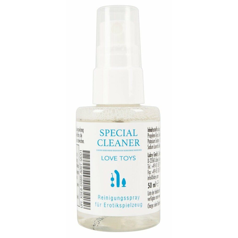 Kleine, transparente Sprühflasche mit weißem Sprühkopf. Aufschrift: SPECIAL CLEANER LOVE TOYS. 50 ml. Reinigungsspray für Erotikspielzeug.