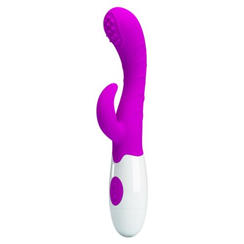 Lila-weißer Vibrator mit gebogener Form und Hasenohren. Knöpfe am Griff. Noppen am Kopf.