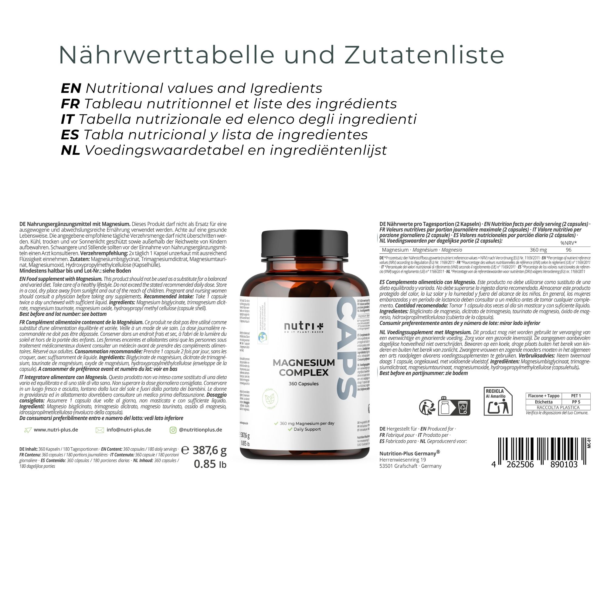 Rückseite der Flasche nutri+ Magnesium Complex. Text: Nährwerttabelle und Zutatenliste in Englisch, Deutsch, Französisch, Italienisch und Niederländisch.